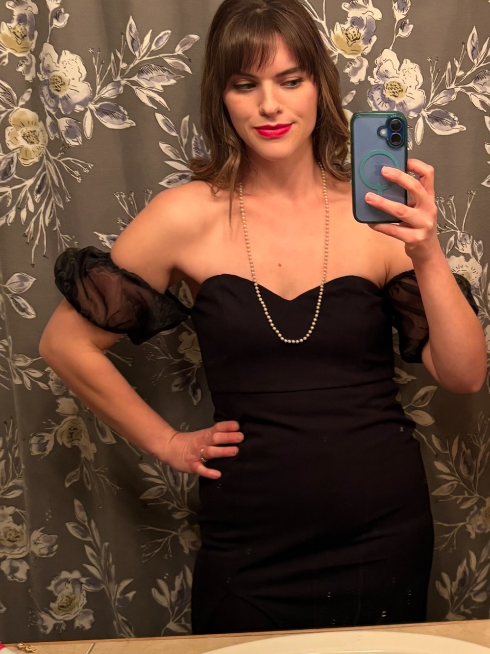 LULU’S Sweet Mystique Black Off-the-Shoulder Puff Sleeve Midi Dress